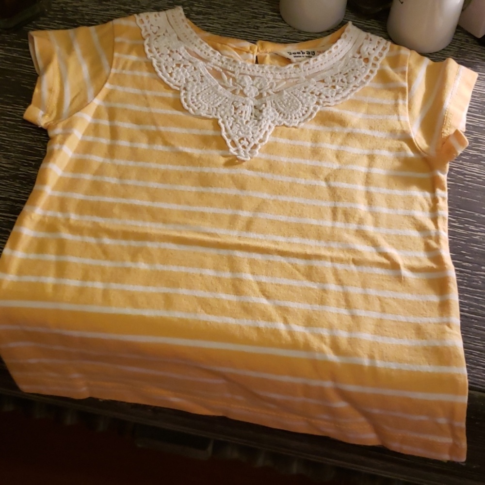 Yellow striped short sleeve tee with lace